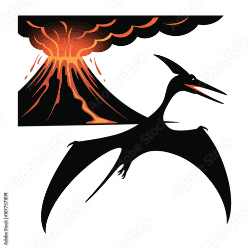 Dramatic Pterodactyl Silhouette Illustration Soaring Above a Volcanic Eruption Black Vector Graphic for Prehistoric Era Designs