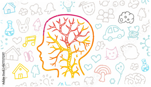 Illustration of a head profile with tree branches inside and various doodle icons scattered in the background silhouette