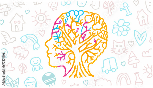 Stylized head silhouette with tree branches inside and doodle background with various objects drawn