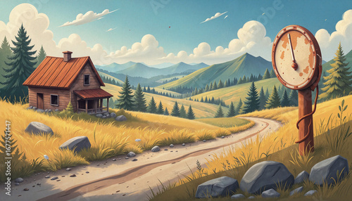 Scenic countryside landscape with wooden house and mountains