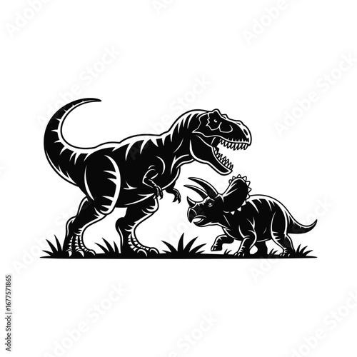 Fearsome T-Rex and Triceratops Silhouette Illustration A Black Vector Depiction of a Tyrannosaurus Rex Confronting a Triceratops