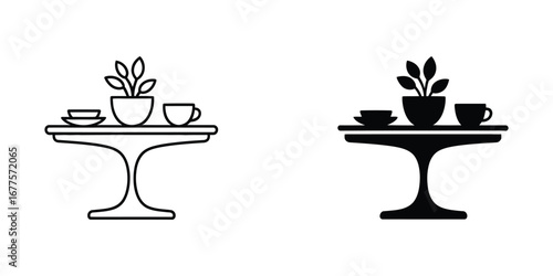 Minimalist Line Art and Silhouette: Coffee Table with Plant, Cups, and Saucers.