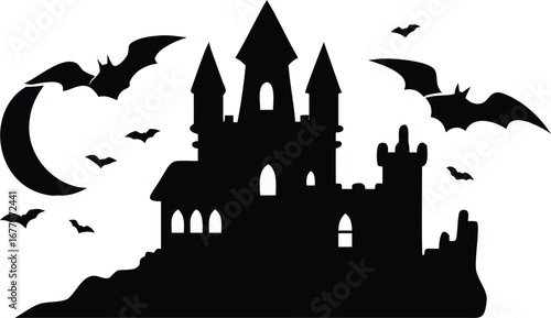 Haunted gothic castle silhouette with bats flying under crescent moon, spooky Halloween night horror fortress illustration design