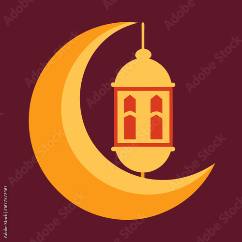 Festival Icon of Eid Crescent Moon with Lantern Religious Vector