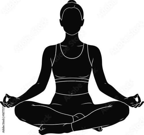 Silhouette of a woman in lotus position meditating for relaxation isolated on white background