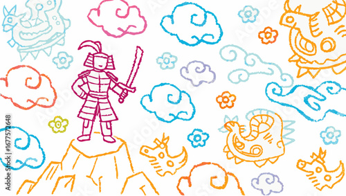 Samurai standing on a mountain with sword surrounded by clouds and monsters in a whimsical style silhouette