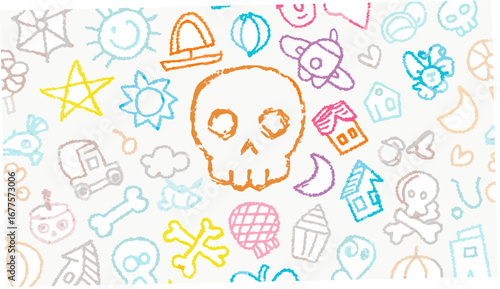 Assorted crayon style doodles including a skull sun star house and other various objects on white background silhouette