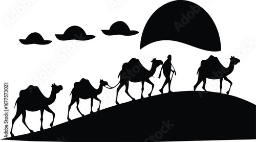 Camel Caravan Silhouette in Desert with Sunset and UFOs | Mysterious Nomads Traveling Across Sand Dunes | Fantasy Adventure Artwork
