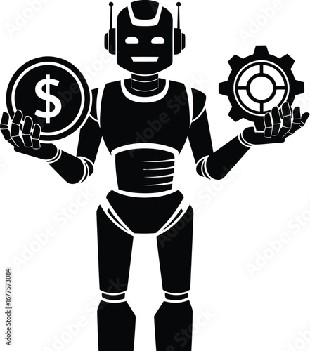 Robot holding a dollar coin and a gear isolated on white background, representing automation and finance