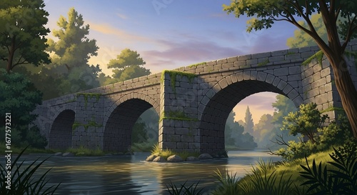 Ancient stone bridge with arches spanning a tranquil river, surrounded by lush green trees under a soft, warm sunset sky.