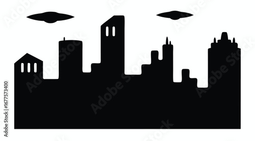 UFOs Hovering Above City Skyline Silhouette | Alien Spaceships Over Urban Buildings | Sci-Fi Extraterrestrial Invasion Artwork