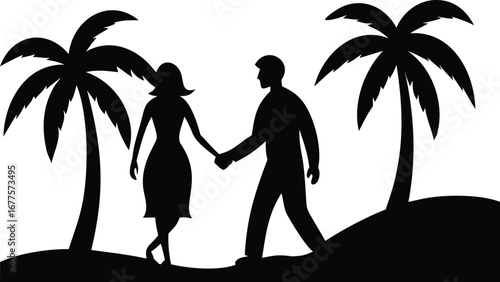 Romantic couple silhouette walking hand in hand under palm trees, tropical beach love illustration for vacation, holiday, and romance design.