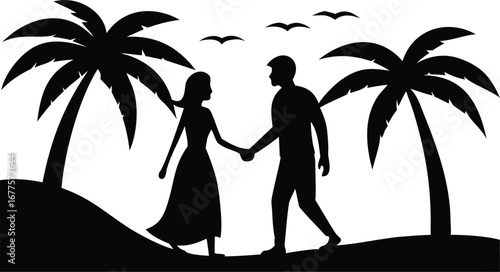 Silhouette of couple holding hands under palm trees with birds, romantic beach walk love illustration, tropical vacation sunset design