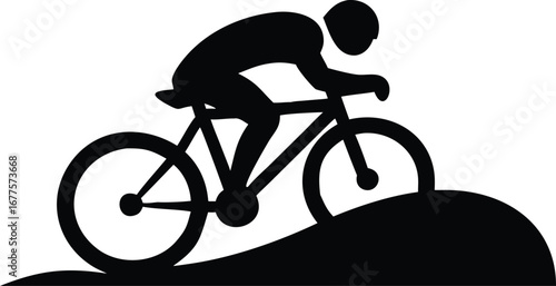 Silhouette of cyclist riding mountain bike uphill, outdoor cycling sport adventure illustration, biker on trail nature fitness design