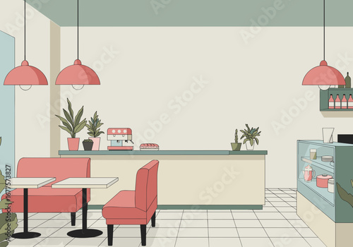 Modern cafe interior with bright decor and minimalist design with space for text  