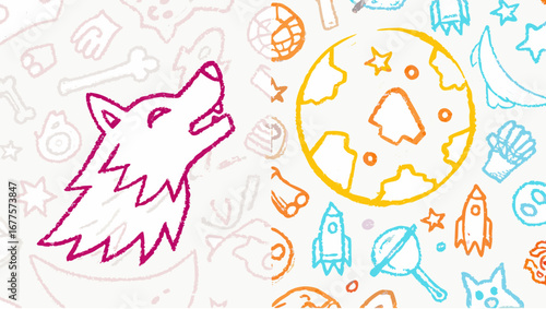 Doodle art featuring a howling wolf, earth, rockets, stars, and other whimsical elements on a white background silhouette