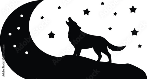 Silhouette of wolf howling at moon with stars, night wildlife illustration, wild animal forest nature design under crescent sky
