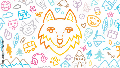 Illustration featuring a fox head surrounded by childlike drawings of various objects and nature scenes silhouette