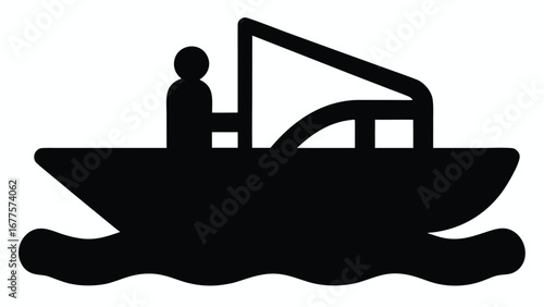 Silhouette of fisherman on motor boat with fishing rod, angler fishing in river lake water, outdoor adventure marine vector icon design