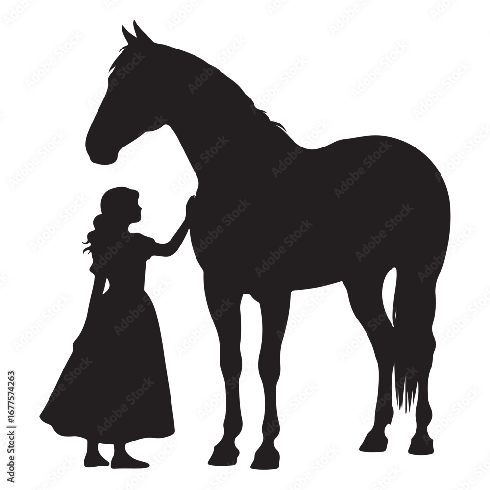 Obraz premium Silhouette of a young woman in a long dress touching a horse girl animal