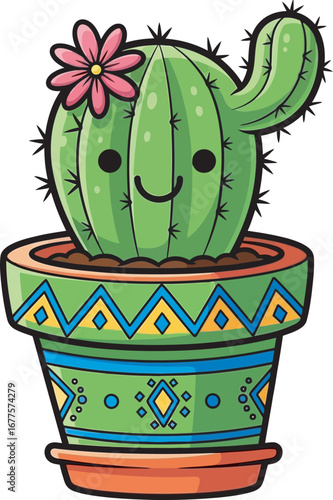 Cute kawaii cartoon cactus with a smiling face and pink flower potted in a vibrant geometrically patterned green pot