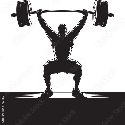 Silhouette of a muscular man lifting a barbell overhead in a squat position on a white background