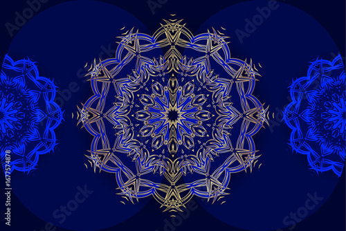 Mandala artwork with golden and light blue geometric symmetry ornate star shaped central design floral accents on deep blue background decorative Islamic inspired meditation theme