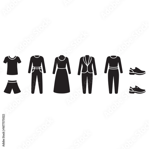 Black silhouette icons of casual and formal clothing and shoes apparel fashion