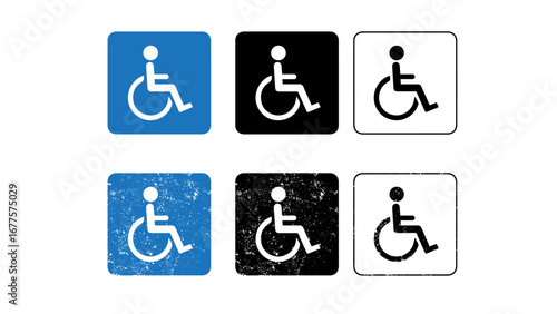  A collection of six blue, black, and white disability symbols with different textures on a white background