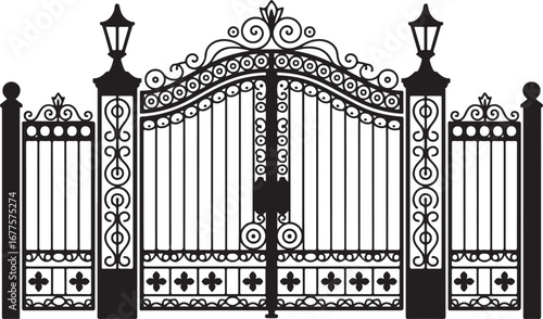 An elegant black and white vector illustration of a large, ornate wrought iron gate with vintage lamps and intricate scrollwork.