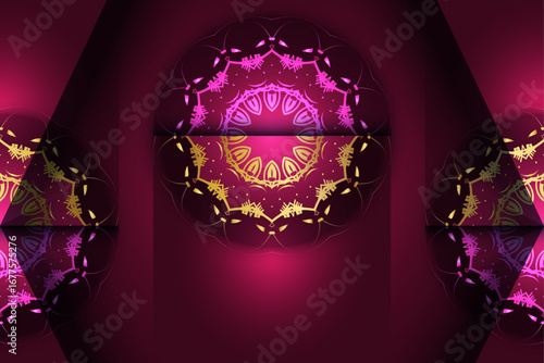 Circular mandala motif with intricate golden and purple geometry radiating symmetry on maroon background kaleidoscopic spiritual artwork with glowing center for wall art