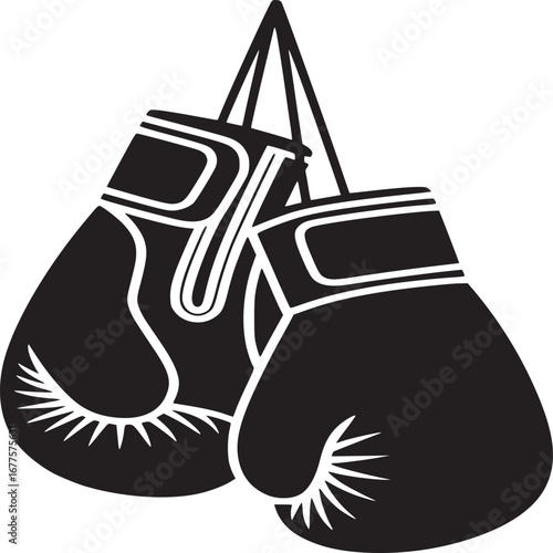 A pair of black boxing gloves hanging from a string against a plain white studio background illustration