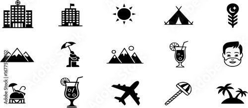 summer travel icon set. holiday tour icons for app and website containing hotel sun camp mountain drink plane island