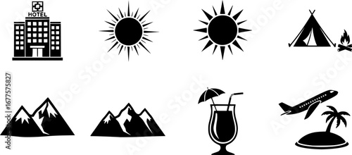 summer travel icon set. holiday tour icons for app and website containing hotel sun camp mountain drink plane island