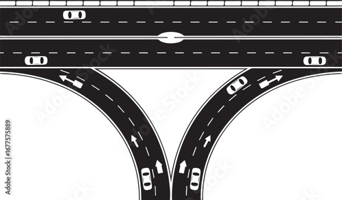 An aerial view black and white vector illustration of a highway interchange with cars, showing the fork in the road ahead.