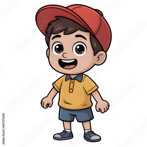 BOYS SMILLING WITH GLOW FACE BROWN EYES ILLUSTRATOR  SICKER RED HAT YELLOW SHIRT