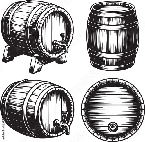A collection of vintage-style black and white vector illustrations showcasing wooden barrels and kegs from various perspectives, some with taps.