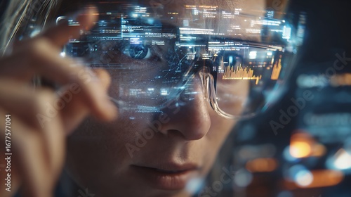 Woman studies data wearing AR glasses. Technology concept. Great for tech, science, AI, future concepts, and web use.