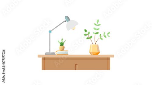 Desk lamp and plants vector illustration for home office decor and study table interior design concept