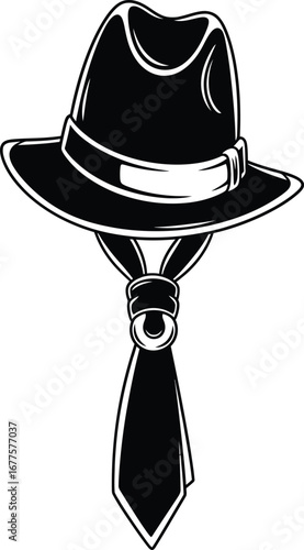 Classic black fedora hat with necktie vector design for stylish professional fashion accessories