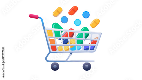 Online pharmacy shopping cart with medicine pills and capsules for healthcare and medical supplies order
