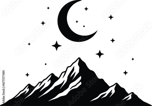 Mountain peak silhouette under crescent moon with stars night nature scene vector illustration