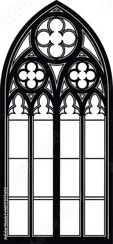 Gothic arched stained glass church window vector design with intricate tracery and floral motifs black and white illustration