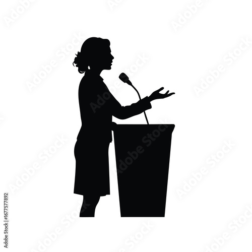 Silhouette of a female speaker at a podium delivering a speech clearly, a woman giving a speech silhouette vector illustration