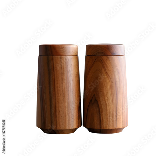 Pair of wooden salt and pepper shakers with cylindrical shape, warm-toned natural wood grain texture, minimalist kitchen tableware set isolated on clean white background