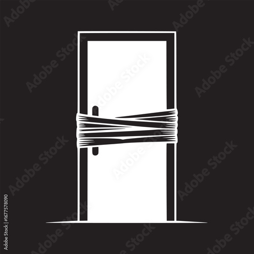 A stark monochrome image of a white door tightly bound with black rope against a black background
