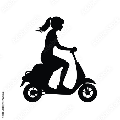 Silhouette of a young woman riding a scooter on a white background, a woman riding scooter silhouette vector illustration