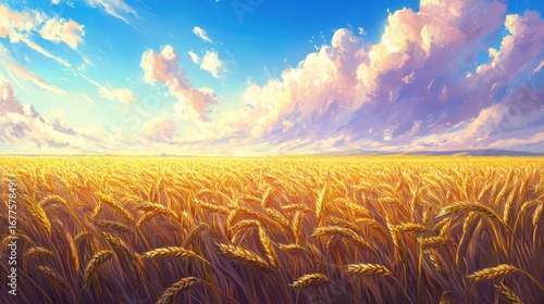 A vibrant golden wheat field stretches under a bright blue sky filled with fluffy clouds, showcasing the beauty of nature.
