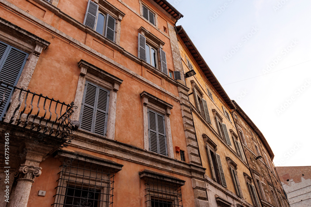 Fototapeta premium Facade of old houses in the historic center of Perugia, Umbria, Italy, Europe