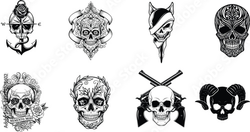 Collection of dark gothic skull designs with intricate details and various symbolic elements vector illustration
